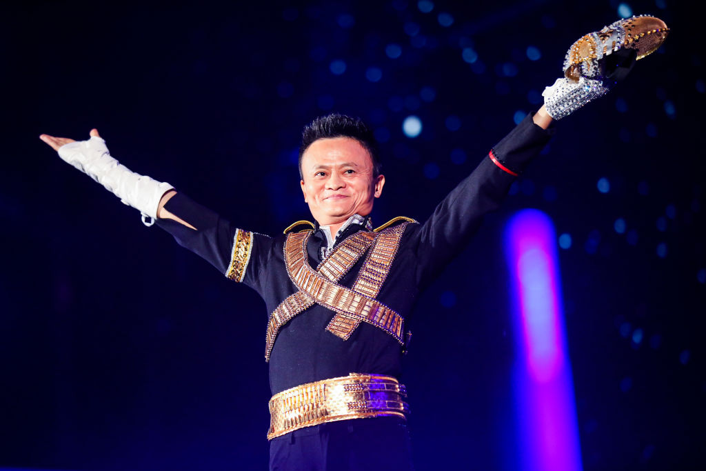 ZHEJIANG, CHINA - SEPTEMBER 08: (CHINA MAINLAND OUT)Jack Ma, founder and chairman of China's e-commerce giant Alibaba dresses as Michael Jackson and dances in the Alibabasannual party celebrating the 18th anniversary of the Alibaba Group in Hangzhou, capital of east China's Zhejiang Province, Sept. 8, 2017. About 40,000 Alibaba employees from 21countries and regions attended the party. (Photo by TPG/Getty Images)