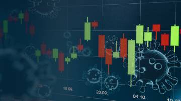 Trading chart with business cell of coronavirus CODIV-19 on the transparent background