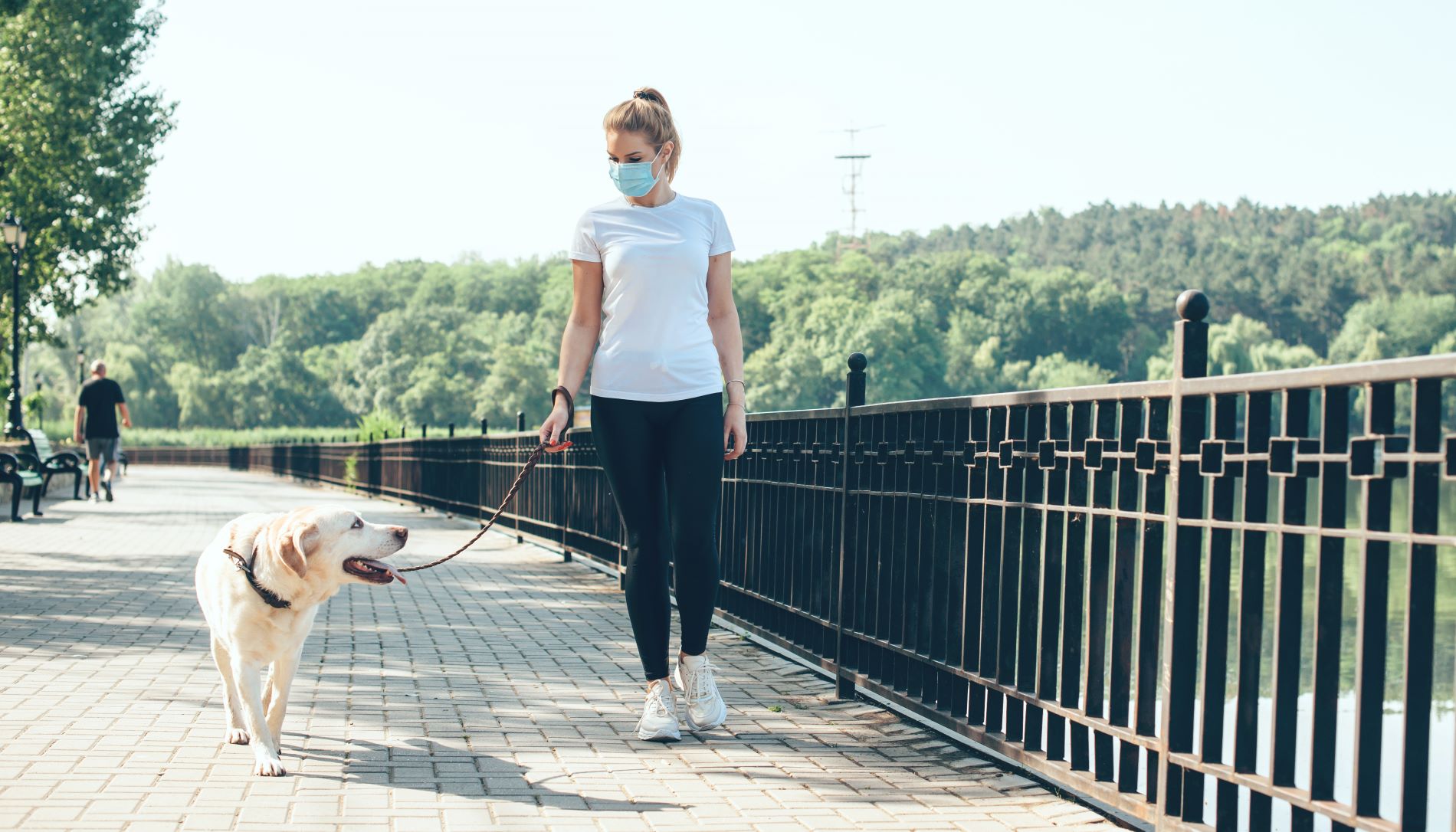 Mulher passeia com cachorro de máscara (Getty Images)