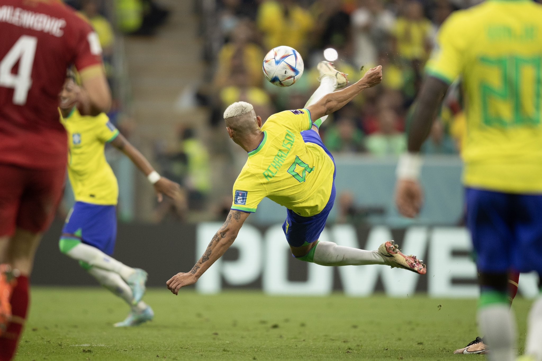 Gol de voleio do Richarlison, no jogo entre Brasil e Sérvia, na estreia da seleção brasileira na Copa do Mundo do Catar (Foto: Lucas Figueiredo/CBF)