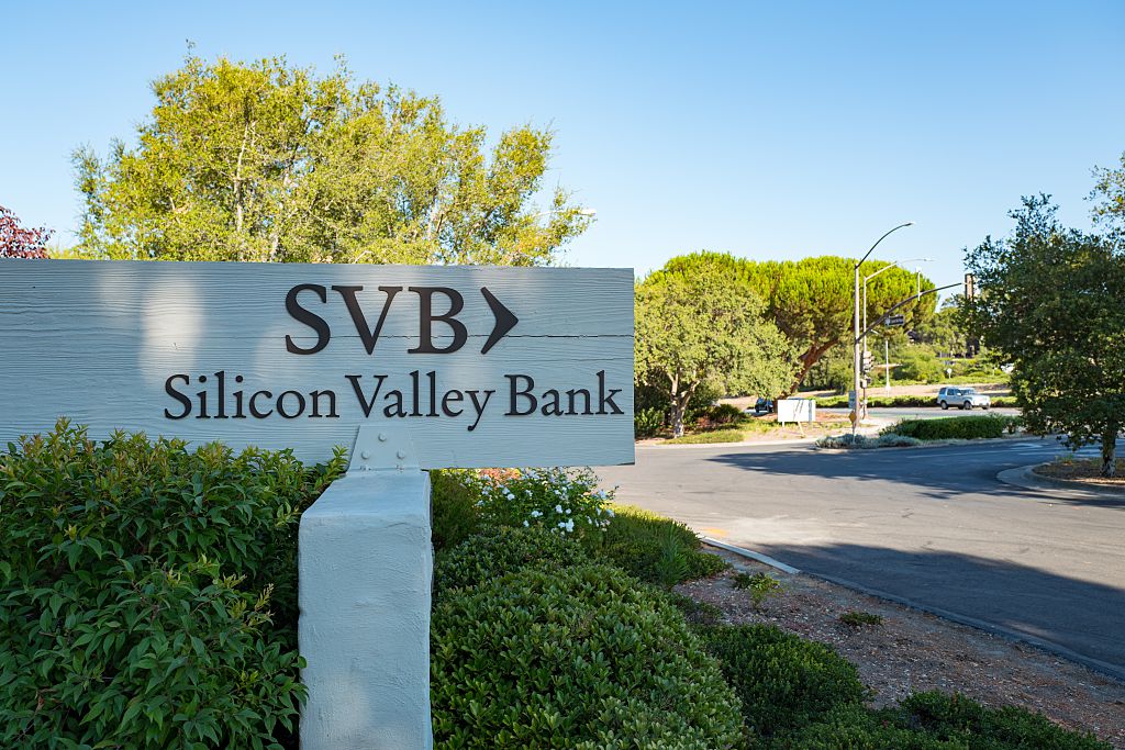 Signage for high-tech commercial bank Silicon Valley Bank, on Sand Hill Road in the Silicon Valley town of Menlo Park, California, August 25, 2016. (Photo via Smith Collection/Gado/Getty Images).