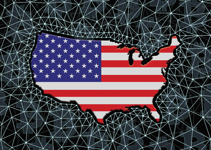 USA map silhouette on black background with digital blockchain grid and bitcoin signs. US digital currency concept.