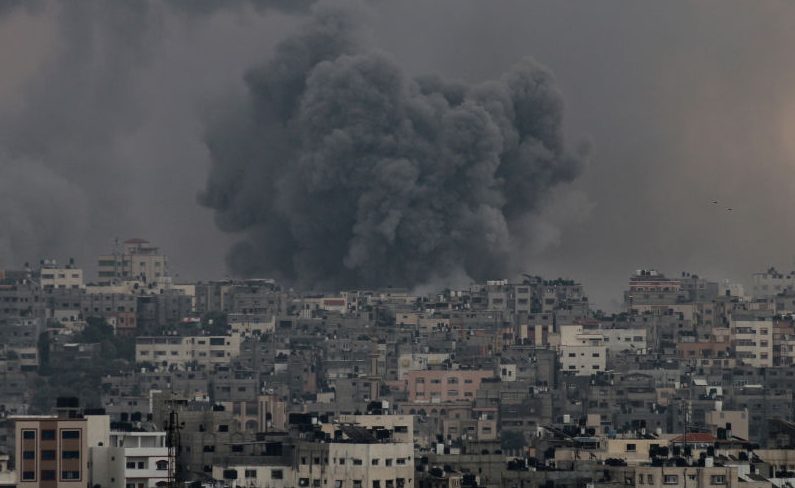 GAZA CITY, GAZA - OCTOBER 9: Smoke rises after an Israeli bombardment on October 09, 2023 in Gaza City, Gaza. Almost 500 people have died in Gaza after Israel launched sustained retaliatory air strikes after Saturday's attack by Hamas. (Photo by Ahmad Hasaballah/Getty Images)