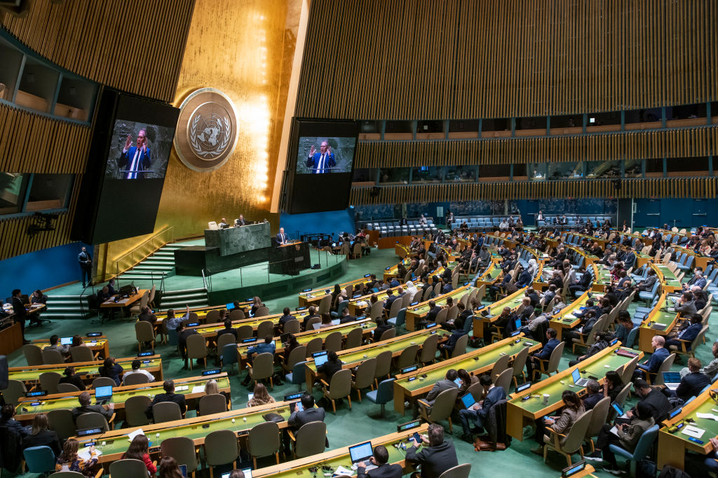 Embaixador de Israel na ONU, Gilad Erdan fala na Assembleia Geral das Nações Unidas (Eduardo Munoz Alvarez/Getty Images)
